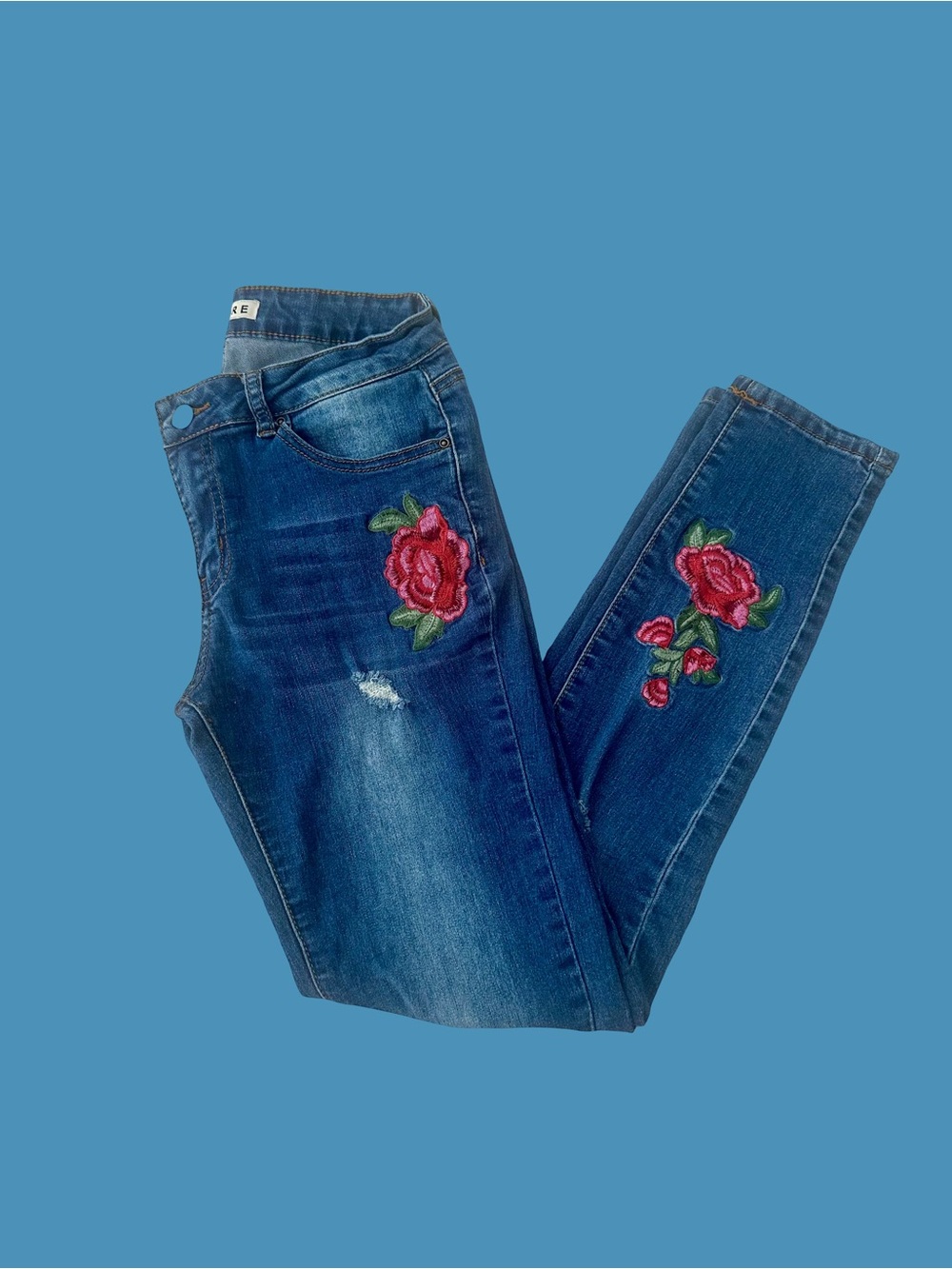 Encore Jeans Women's Dark Blue Skinny Jeans with Rose Embroidery